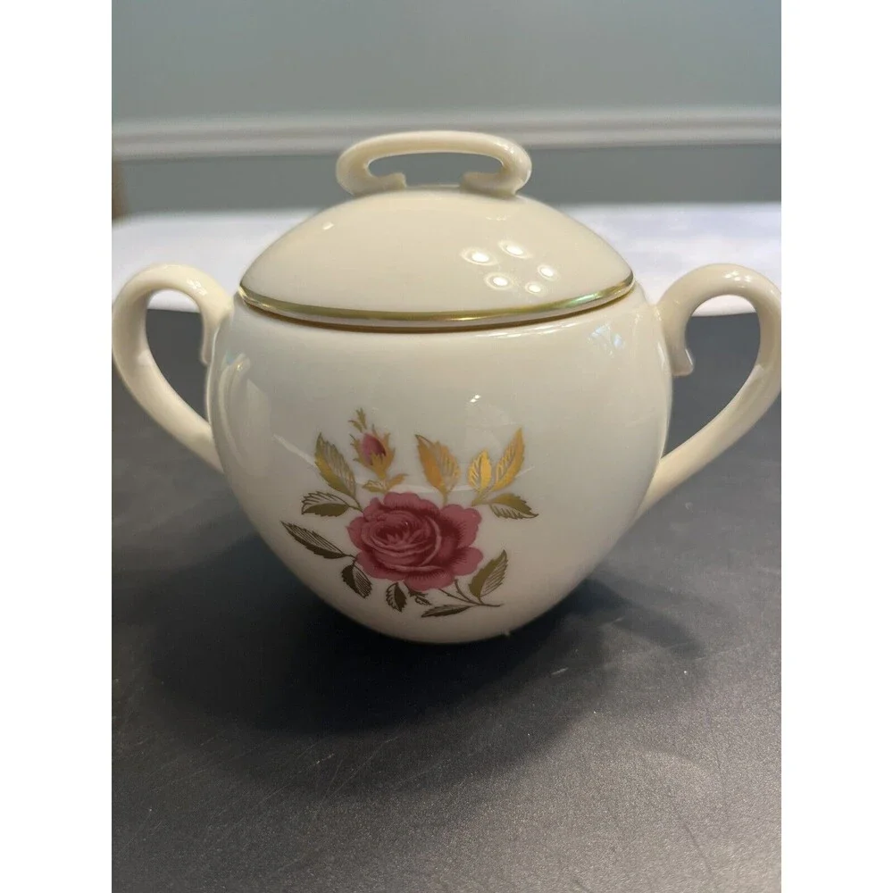 Vintage Lenox Roselyn Floral Pink Rose Gold Trim Creamer & Sugar Bowl w/ Lid